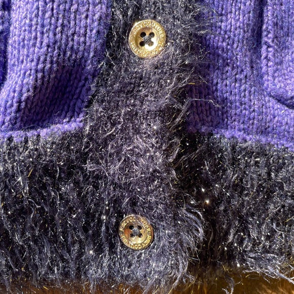 Authentic Juicy Couture Purple Cardigan Sweater- Blk Sparkle, Fluffy Trim Sz 12 - Picture 8 of 15